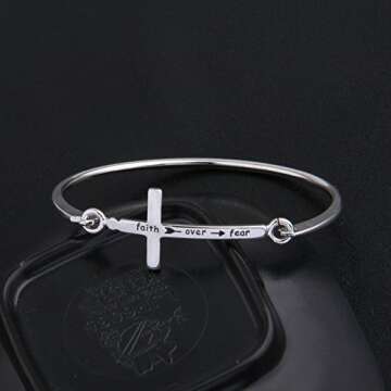 Zuo Bao Christian Bangle Bracelet Faith Over Fear Cross Bracelet Thin Line Sideways Cross Bracelet Religious Jewelry Inspirational Gift (Silver)