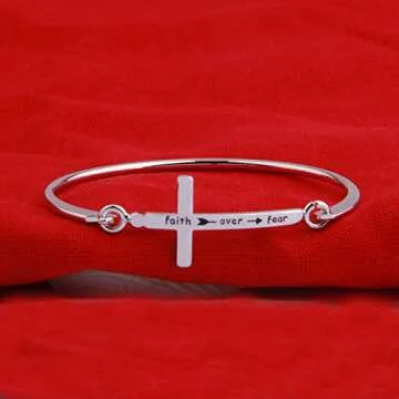 Zuo Bao Christian Bangle Bracelet Faith Over Fear Cross Bracelet Thin Line Sideways Cross Bracelet Religious Jewelry Inspirational Gift (Silver)