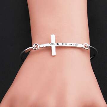 Zuo Bao Christian Bangle Bracelet Faith Over Fear Cross Bracelet Thin Line Sideways Cross Bracelet Religious Jewelry Inspirational Gift (Silver)