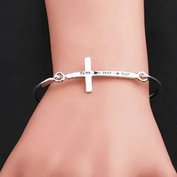 Zuo Bao Christian Bangle Bracelet Faith Over Fear Cross Bracelet Thin Line Sideways Cross Bracelet Religious Jewelry Inspirational Gift (Silver)