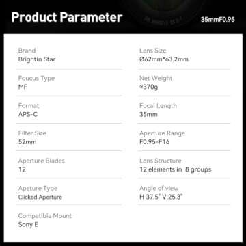 Brightin Star 35mm F0.95 APS-C Large Aperture Manual Focus Mirrorless Camera Lens,Compatible with So...