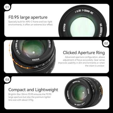 Brightin Star 35mm F0.95 APS-C Large Aperture Manual Focus Mirrorless Camera Lens,Compatible with Sony ZV-E10, A7IV, A6400, A7II, A7SIII, A7III, A7C, A6600, A6100, A7RIV, A6000, A7RIII