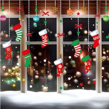 ONDY Merry Christmas Garter Window Glass Decoration Stickers 2025 New Holiday Removable Dress Up DIY Static Window Clings Decals for Living Room Bedroom Shop Window
