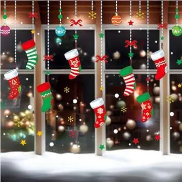 ONDY Merry Christmas Garter Window Glass Decoration Stickers 2025 New Holiday Removable Dress Up DIY Static Window Clings Decals for Living Room Bedroom Shop Window