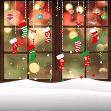 ONDY Merry Christmas Garter Window Glass Decoration Stickers 2025 New Holiday Removable Dress Up DIY Static Window Clings Decals for Living Room Bedroom Shop Window