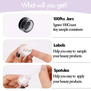 5 Gram Sample Containers with Lids, 100 Count 5ML Sample Jars, Empty Cosmetic Containers with Lids, Small Makeup Travel Containers for Glitter, Lotion, Cream, Beads, with Labels, Mini Spatulas