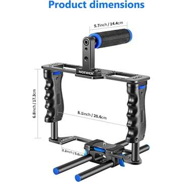 NEEWER Camera Video Cage Film Movie Making Kit, Aluminum Alloy with Top Handle, Dual Hand Grip, Two 15mm Rods, Compatible with Canon Sony Fujifilm Nikon DSLR Camera and Camcorder (Black + Blue)