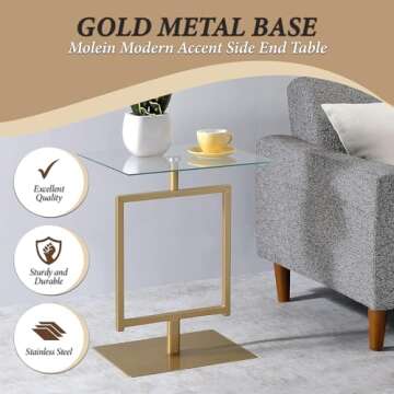 Elegant Kings Brand Molein Side Table - Gold & Glass Top