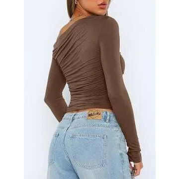 Darong Women's Casual Basic Going Out Crop Tops Slim Fit Long Sleeve Off Shoulder Tight T Shirts 902...