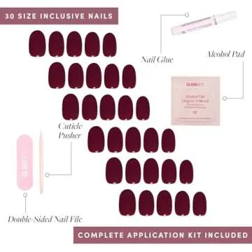 Glamnetic Press On Nails - Berry Maroon | Opaque Dark Red Maroon Short Round False Nails, Reusable Stick On Fake Nails with Glue | Salon Quality | 12 Sizes - 30 Nail Kit