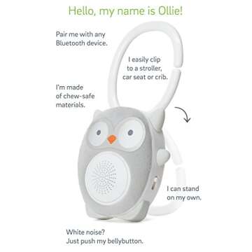 WavHello Portable Baby Sleep Soother - Rechargeable Bluetooth Noise Machine Travel Sound Speaker Great for Cribs, Strollers, Car Seat and More - Ollie The Owl Soundbub, Grey