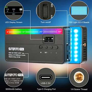 Sutefoto RGB LED Video Light 15 (W) /360° Full Colors/CRI 96+/5000mAh Battery/ 2800K-10000K On-Camera Lighting Mini Pocket Light for Vlog YouTube Videos, Portable LED Camera Light.