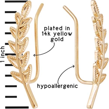 Humble Chic Ear Crawler Earrings for Women - Hypoallergenic Ear Climbers Earrings for Women - Statement Leaf Ear Jacket Earrings Studs - Gold Ear Cuff Bridal Earrings - Gold Earrings, 14K Gold Plated