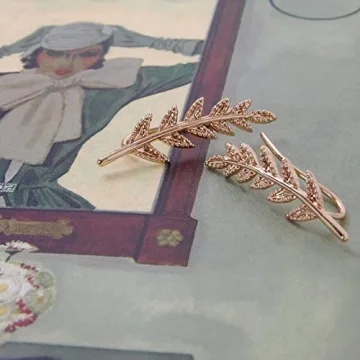 Humble Chic Ear Crawler Earrings for Women - Hypoallergenic Ear Climbers Earrings for Women - Statement Leaf Ear Jacket Earrings Studs - Gold Ear Cuff Bridal Earrings - Gold Earrings, 14K Gold Plated