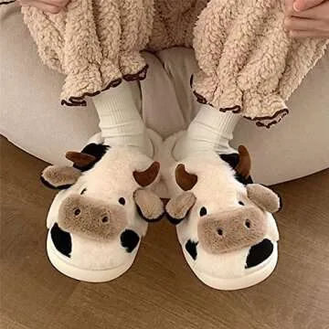 NateBur Fluffy Cow Slippers, Fuzzy Slippers Cute Cow House Animal Slippers, Cow Slippers for Women, Winter Soft Comfy Warm Anti-slip Indoor Outdoor Slipper