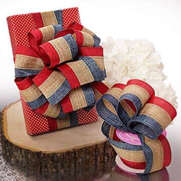 Rustic Patriotic Burlap Striped Ribbon - 2 1/2" x 10 Yards, Wired Edge, 4th of July, Wreath, USA Dec...