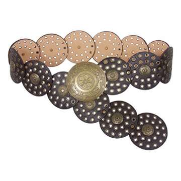 3 1/2" (90 mm) Wide Ladies Wide Boho Disc Concho Leather Belt, Dark Brown | M - 42 END-TO-END