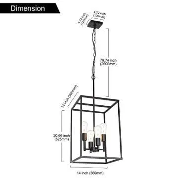VINLUZ 4 Light Large Industrial Metal Farmhouse Pendant Light Black Square Wide Cage Chandelier with Painted Finish for Dining Room Foyer Living Room Cafe Bar