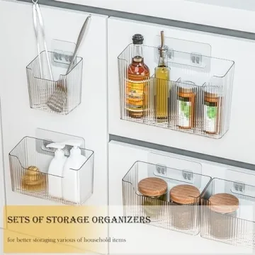 Lae Nuvole 2 Pack Adhesive Mount Cabinet Door Organizer, Wall Mounted Bathroom Organizers and Storage Bins Plastic Stackable Shower Caddy Hanging Floating Shelves for Narrow Space, BPA Free (Clear)