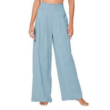 Urban CoCo Women's Elastic High Waist Light Weight Loose Casual Wide Leg Trousers Long Pants with Pocket (M, Light Blue)