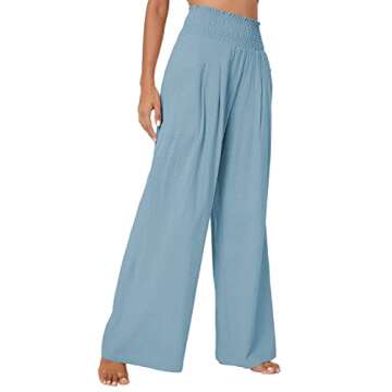 Urban CoCo Women's Elastic High Waist Light Weight Loose Casual Wide Leg Trousers Long Pants with Pocket (M, Light Blue)