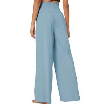 Urban CoCo Women's Elastic High Waist Light Weight Loose Casual Wide Leg Trousers Long Pants with Pocket (M, Light Blue)