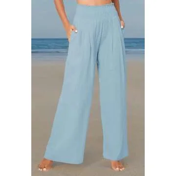 Urban CoCo Women's Elastic High Waist Light Weight Loose Casual Wide Leg Trousers Long Pants with Pocket (M, Light Blue)