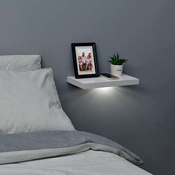 WELLAND White Floating Shelf with Motion Sensor Light, Wall Mounted Storage Shelf, Floating Nightstand for Bedroom, Bathroom, Kitchen and Living Room