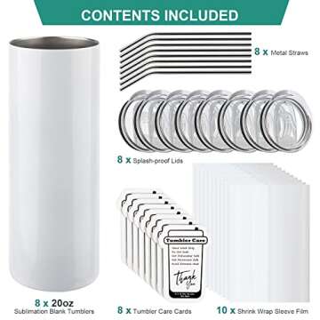 ISTOYO Sublimation Tumblers, [Skinny Straight, Shrink Wrap Sleeves Films & Tumbler Care Cards] Pack of 8 20 Oz Sublimation Blanks Bulk Insulated Tumblers with Metal Straws Lids for Mug Press