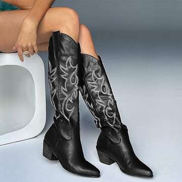 MUCCCUTE Women's Cowgirl Embroidered Western Knee High Boots, Pointed Toe Medium Chunky Heel 5cm Stitching Pull On Cowboy Boots for Ladies