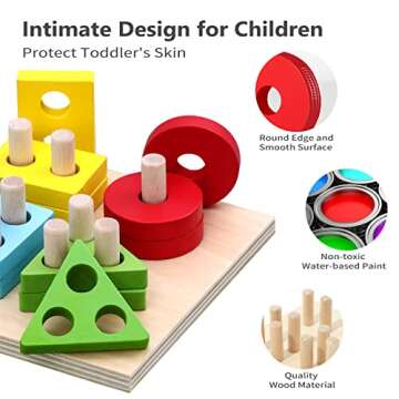 Babehey 4 in 1 Montessori Toys for 1 Year Old Boys Girls, Wooden Shape Sorter Toy, Fine Motor Skill Toys, Montessori Coin Box, Montessori Baby Toys 6-12, 12-18 Months