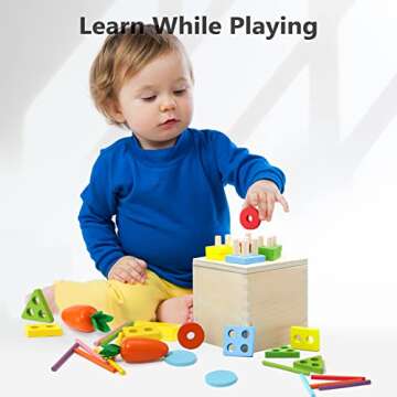 Babehey 4 in 1 Montessori Toys for 1 Year Old Boys Girls, Wooden Shape Sorter Toy, Fine Motor Skill Toys, Montessori Coin Box, Montessori Baby Toys 6-12, 12-18 Months