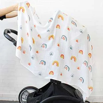 LifeTree Muslin Swaddle Blankets, Rainbow Print Bamboo Cotton Baby Swaddle Blankets Unisex for Girls and Boys, Super Soft, Breathable, Lightweight, Large 47x47inches
