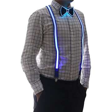 Brejkdo Light Up Men's LED Suspenders and Bow Tie Combo - Light up Suspenders for Men - Glow Party Clothes, Rave Outfits, Halloween Costume, Music Festival (blue)