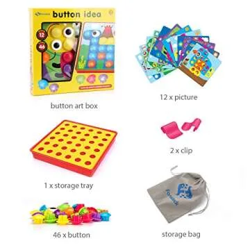 Fansteck Button Art Toy for Toddlers, Color Matching Early Learning Educational Mosaic Pegboard, Safe Nontoxic ABS Plastic Premium Material, 12 Pictures and 46 Buttons,with a Bag Easy to Storage