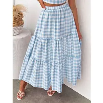 ZESICA Women's 2025 Summer Plaid Flower Elastic High Waist Flowy A Line Maxi Skirt with Pockets,LightBlue,Small