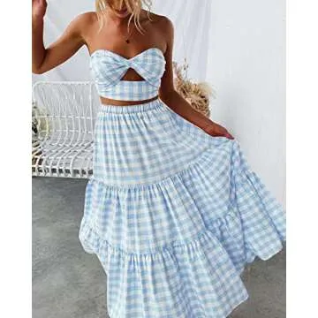 ZESICA Women's 2025 Summer Plaid Flower Elastic High Waist Flowy A Line Maxi Skirt with Pockets,LightBlue,Small