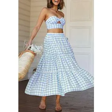 ZESICA Women's 2025 Summer Plaid Flower Elastic High Waist Flowy A Line Maxi Skirt with Pockets,LightBlue,Small