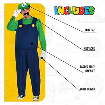 Disguise Men's Super Mario Bros Adult Luigi Costume Outfit with White Gloves, Green Hat & Mustache, ...
