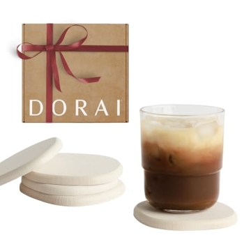DORAI Home Stone Coaster Set - 4 Stone Coasters with Absorbent Diatomaceous Earth for Instant Drying...