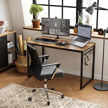 VASAGLE Computer Desk, Office Desk with 8 Hooks, for Study, Home Office, Easy Assembly, Industrial D...