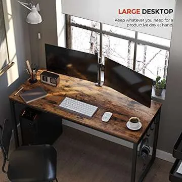 VASAGLE Computer Desk, Office Desk with 8 Hooks, for Study, Home Office, Easy Assembly, Industrial Design, 47.2 x 23.6 x 29.5 Inches, Rustic Brown ULWD58X