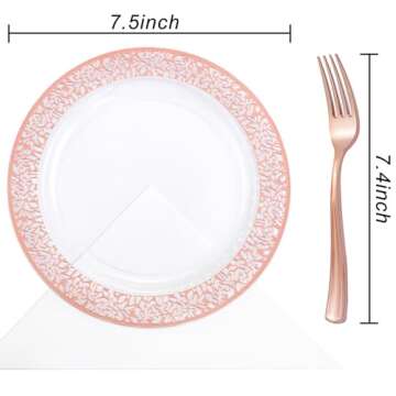I00000 72 Pcs Rose Gold Dessert Plates 7.5" & 72 Pcs Disposable Forks 7.4", Lace Design Plastic Sala...
