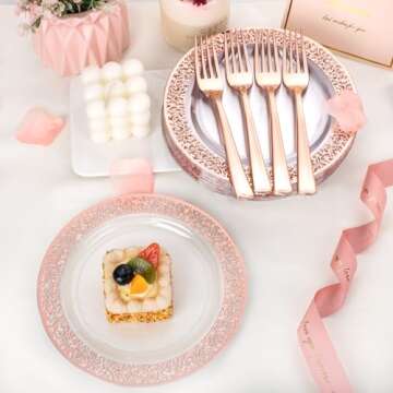 I00000 72 Pcs Rose Gold Dessert Plates 7.5" & 72 Pcs Disposable Forks 7.4", Lace Design Plastic Salad Valentine Plates, Plastic Appetizer Plates for all Holidays Perfect for Valentine's Day Party