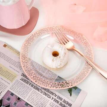 I00000 72 Pcs Rose Gold Dessert Plates 7.5" & 72 Pcs Disposable Forks 7.4", Lace Design Plastic Salad Valentine Plates, Plastic Appetizer Plates for all Holidays Perfect for Valentine's Day Party