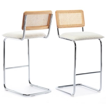 ONEVOG Boucle Rattan Bar Stools Set of 2, 29'' Bar Height Stools with Natural Cane Back, Solid Wood Frame Bar Chairs with Chrome Legs, Cantilevered Design Upholstered Stools, White