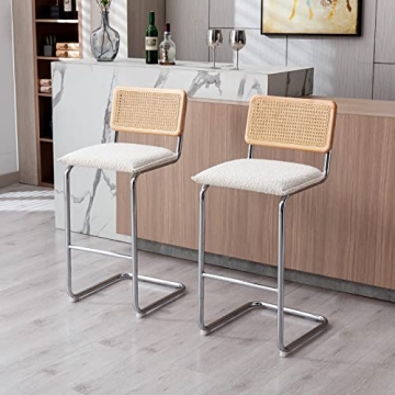 ONEVOG Boucle Rattan Bar Stools Set of 2, 29'' Bar Height Stools with Natural Cane Back, Solid Wood Frame Bar Chairs with Chrome Legs, Cantilevered Design Upholstered Stools, White