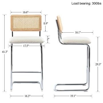 ONEVOG Boucle Rattan Bar Stools Set of 2, 29'' Bar Height Stools with Natural Cane Back, Solid Wood Frame Bar Chairs with Chrome Legs, Cantilevered Design Upholstered Stools, White