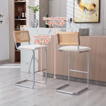ONEVOG Boucle Rattan Bar Stools Set of 2, 29'' Bar Height Stools with Natural Cane Back, Solid Wood Frame Bar Chairs with Chrome Legs, Cantilevered Design Upholstered Stools, White