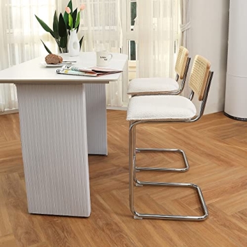 ONEVOG Boucle Rattan Bar Stools Set of 2, 29'' Bar Height Stools with Natural Cane Back, Solid Wood Frame Bar Chairs with Chrome Legs, Cantilevered Design Upholstered Stools, White